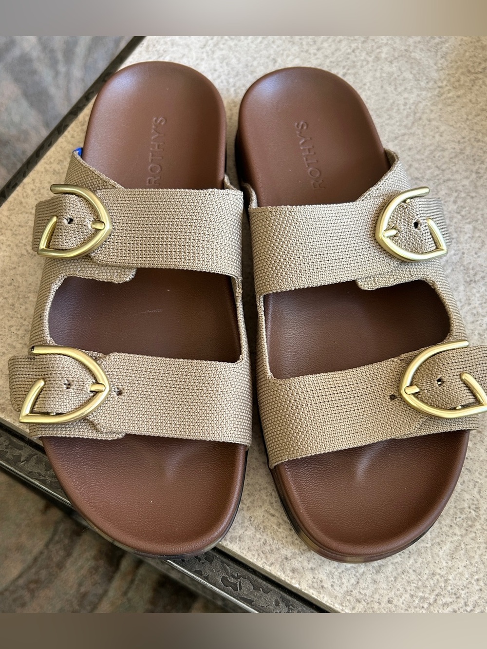 Rothy's Women's Tan Dual-Strap Sandals with Gold Buckles